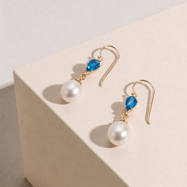 9ct Yellow Gold Freshwater Pearl and Topaz Drop Earrings - alternate view