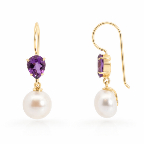9ct Yellow Gold Freshwater Pearl & Amethyst Drop Earrings