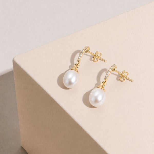 9ct Yellow Gold Freshwater Pearl And Cubic Zirconia Drop Earrings - alternate view