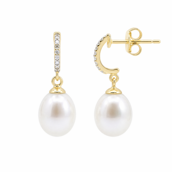 9ct Yellow Gold Freshwater Pearl And Cubic Zirconia Drop Earrings
