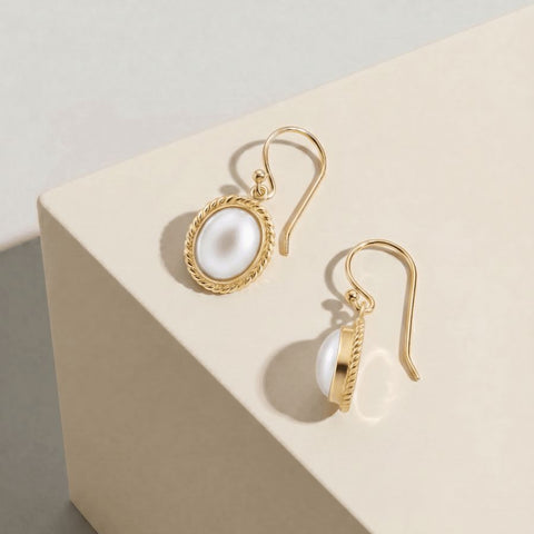 9ct Yellow Gold Oval Mabe Pearl Drop Earrings - alternate view