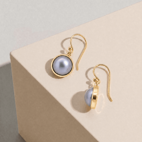 9ct Yellow Gold Round Grey Mabe Pearl Drop Earring - alternate view