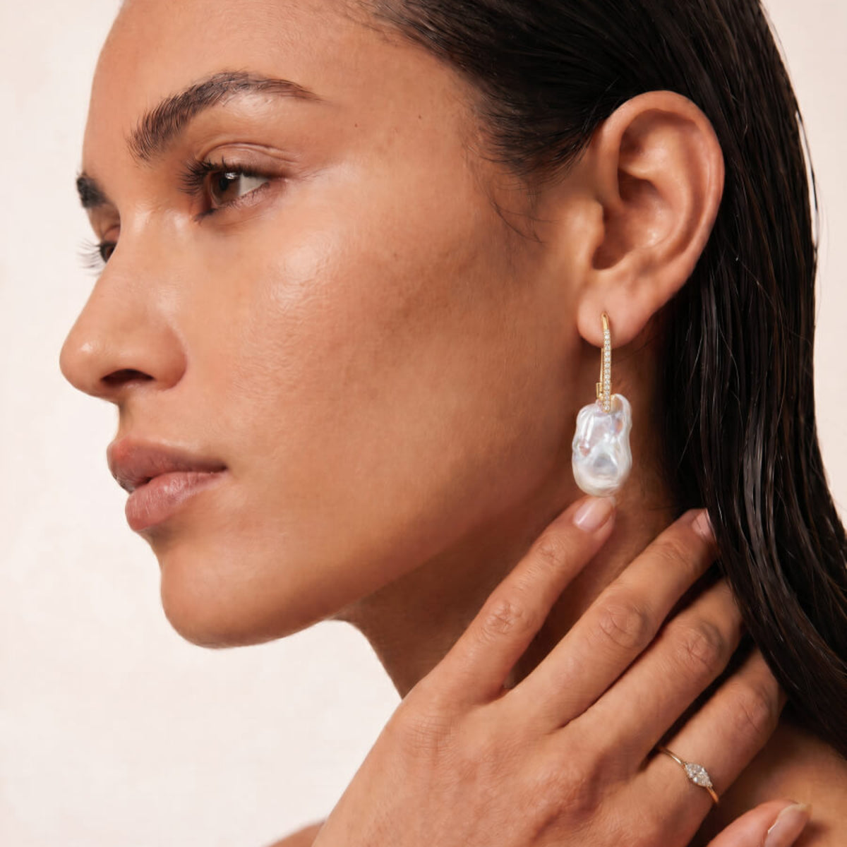 14ct Yellow Gold Baroque Pearl and Diamond Drop Earring