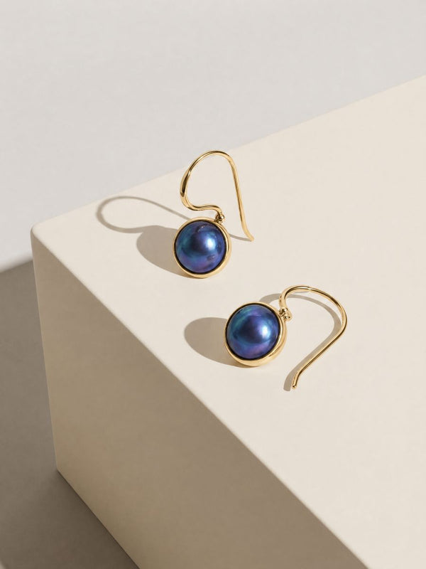 9ct Yellow Gold Blue Mabe Pearl Shepherd Hook Drop Earrings - alternate view