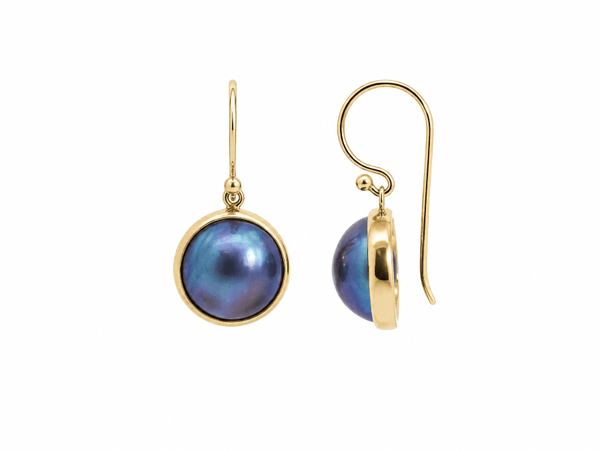 9ct Yellow Gold Blue Mabe Pearl Shepherd Hook Drop Earrings