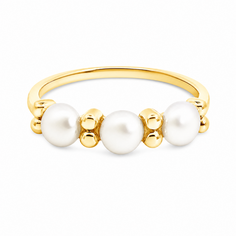 9ct Yellow Gold Freshwater Pearl And Gold Beaded Dress Ring