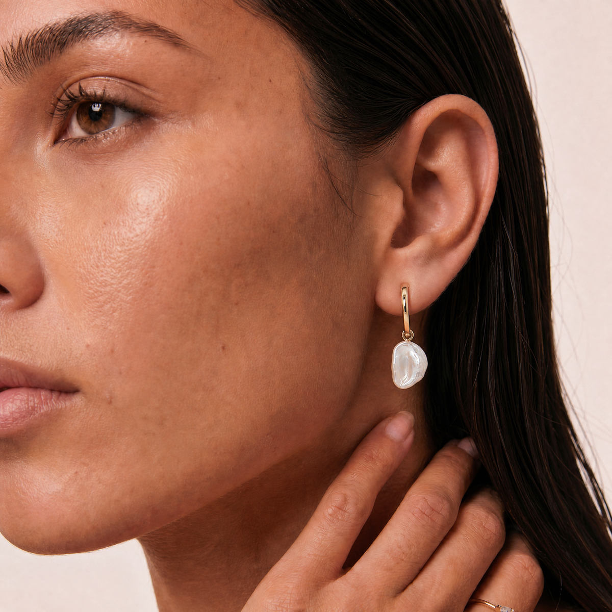 9ct Yellow Gold  Hoops With Keshi Baroque Pearl Drop