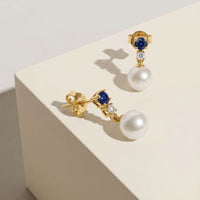 9ct Yellow Gold Sapphire, Pearl And Diamond Stud Drop Earring