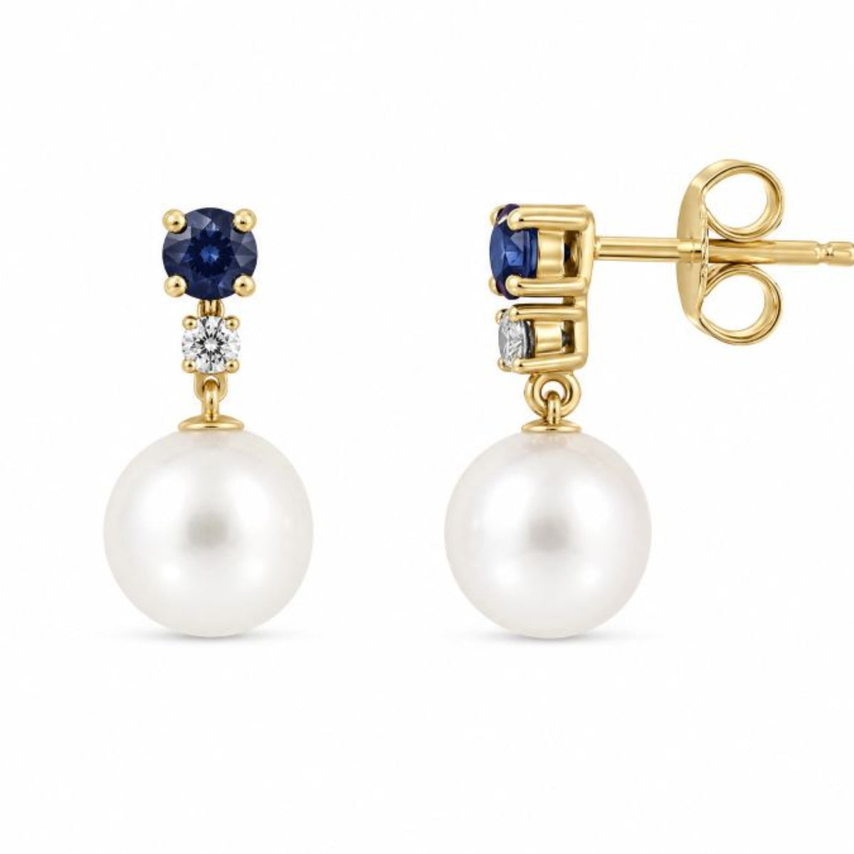 9ct Yellow Gold Sapphire, Pearl And Diamond Stud Drop Earring