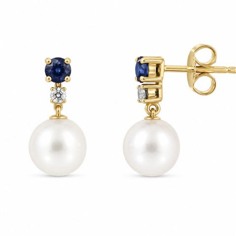 9ct Yellow Gold Sapphire, Pearl And Diamond Stud Drop Earring