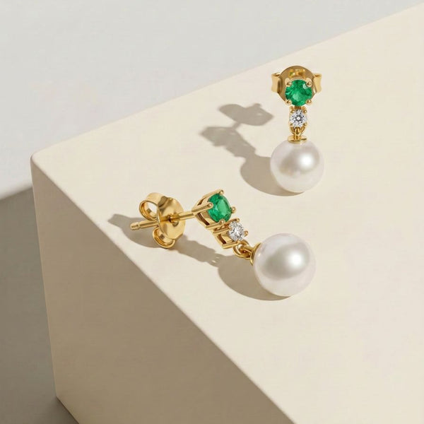 9ct Yellow Gold Emerald, Pearl And Diamond Drop Earrings - alternate view