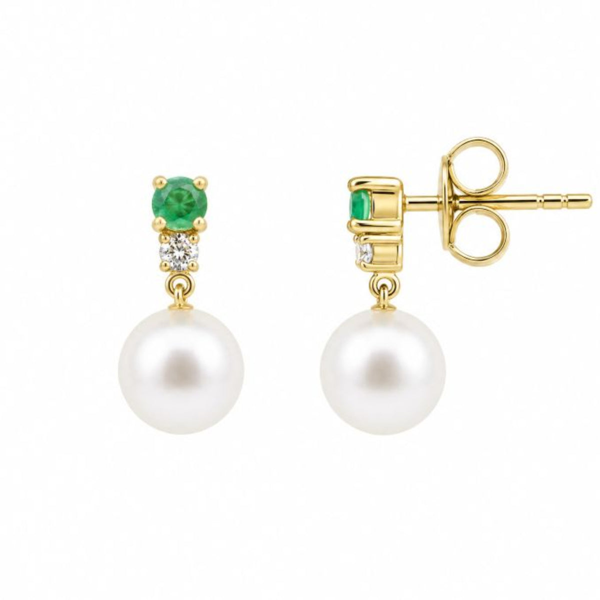 9ct Yellow Gold Emerald, Pearl And Diamond Drop Earrings