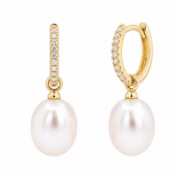 9ct Yellow Gold Diamond Huggies With Freshwater Pearl Drop