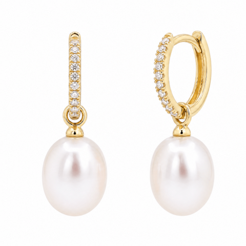 9ct Yellow Gold Diamond Huggies With Freshwater Pearl Drop