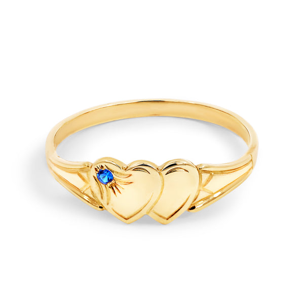 9ct Yellow Gold  Double Heart Signet Ring With Blue Spinel - alternate view