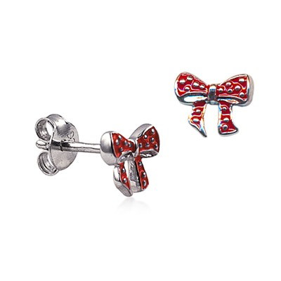Sterling Silver Red Enamel White Spot Bow Earrings - alternate view