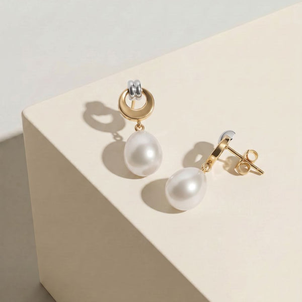 9ct Two Tone Freshwater Pearl Drop Earrings - alternate view