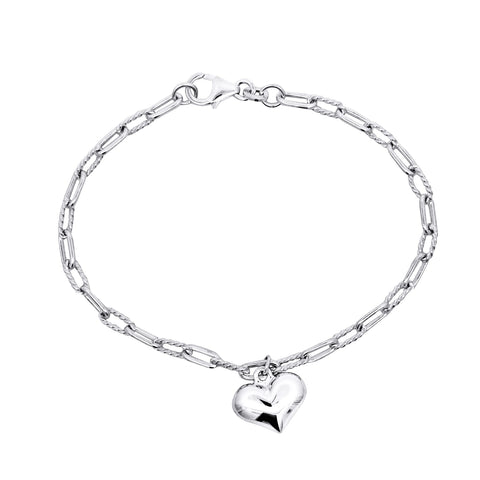 Sterling Silver Twist And Plain Oval Link Bracelet With Puff Heart Charm