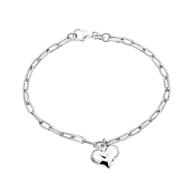 Sterling Silver Twist And Plain Oval Link Bracelet With Puff Heart Charm