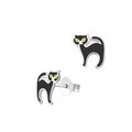 Sterling Silver Enamel Black Cat Stud Earrings