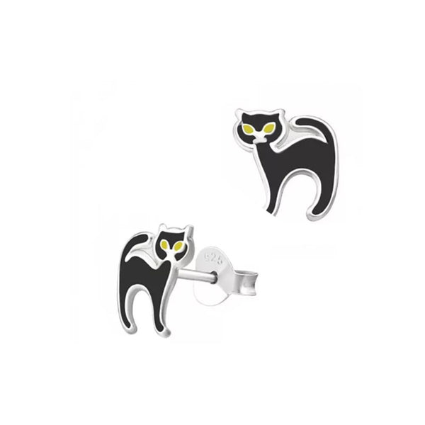 Sterling Silver Enamel Black Cat Stud Earrings - alternate view