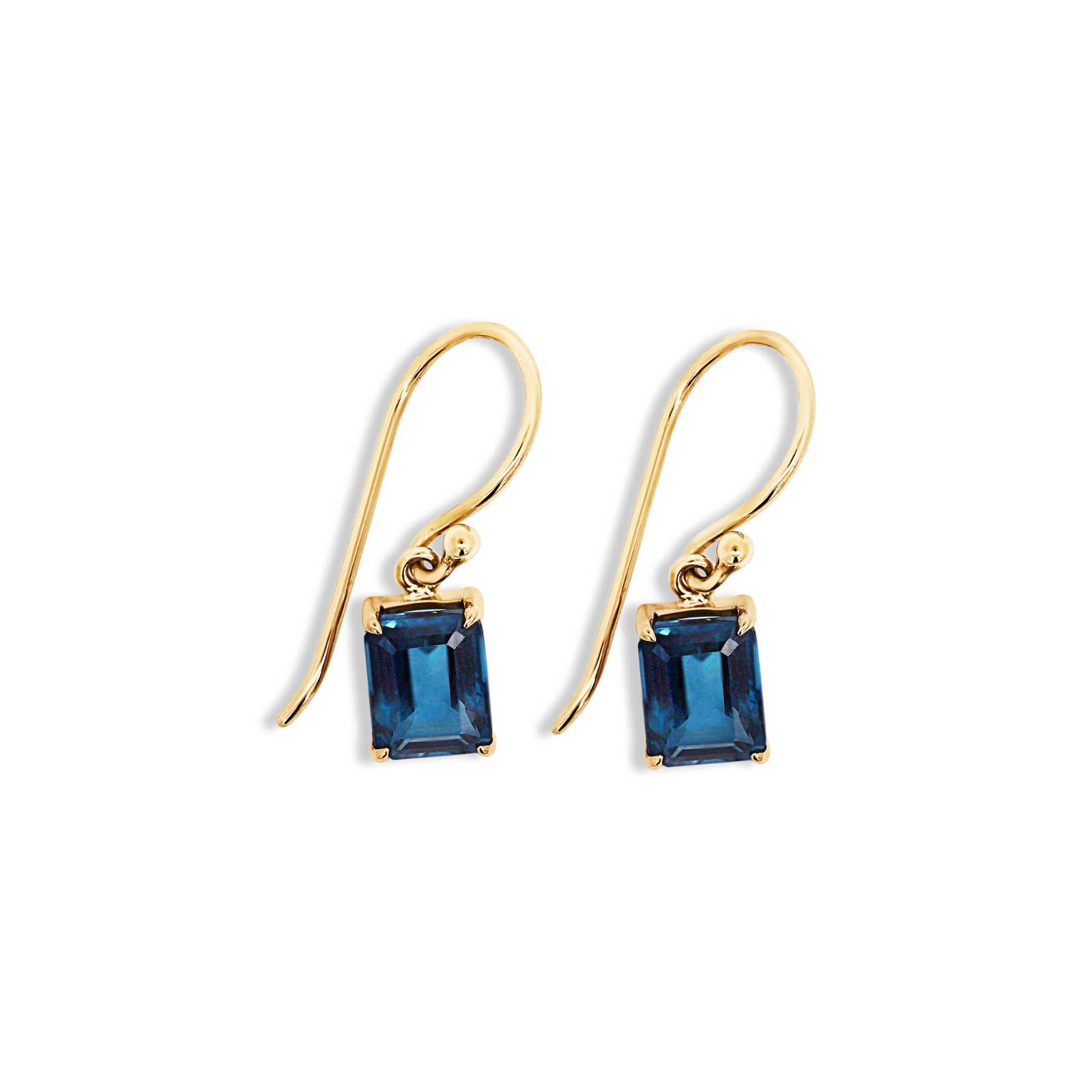 9ct Yellow Gold Emerald Cut London Blue Drop Earrings