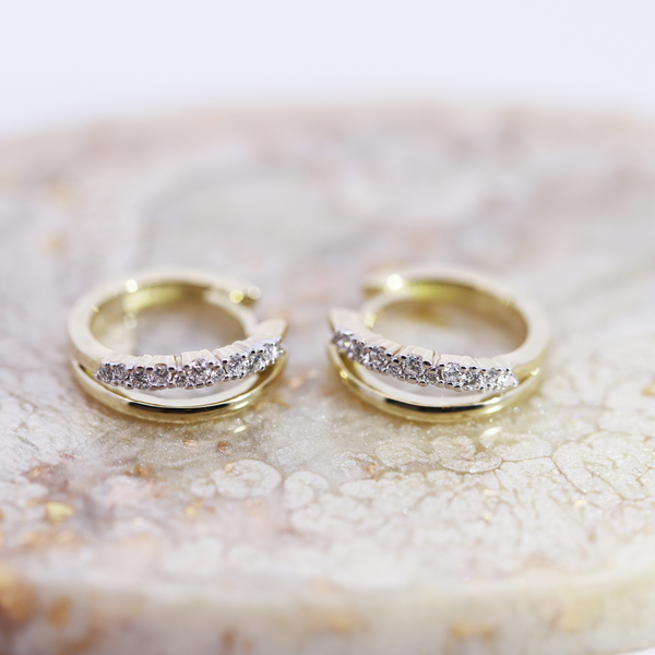 9ct Yellow Gold Diamond And Polished Small Huggie Earrings - alternate view