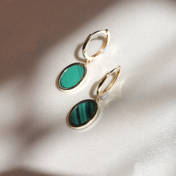 9ct Yellow Gold Huggie With Oval Malachite Drop - alternate view