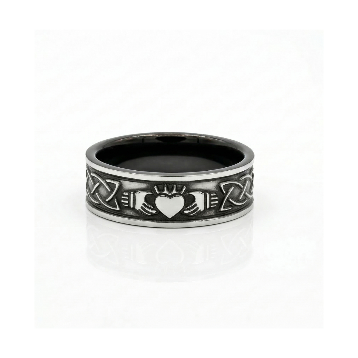 Men's Black Zirconium Wedding Ring With Claddagh & Celtic Pattern