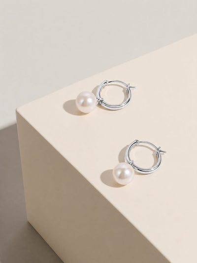 Sterling Silver Oval Freshwater Pearl Hoop Earrings - alternate
