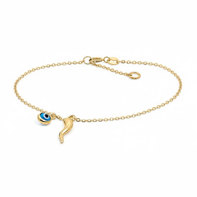 9ct Yellow Gold Bracelet With Evil Eye & Horn Of Plenty Charm