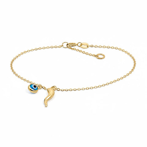 9ct Yellow Gold Bracelet With Evil Eye & Horn Of Plenty Charm