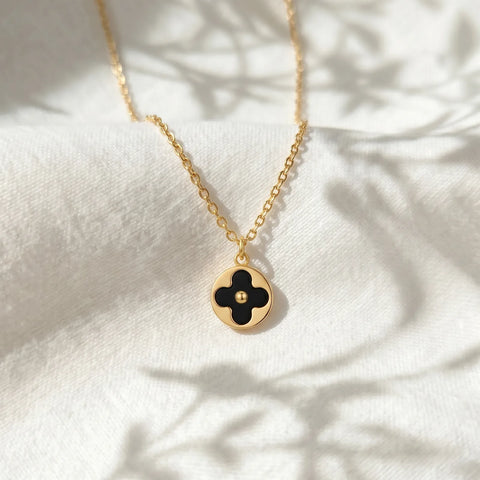 9ct Yellow Gold Black Onyx Flower Necklace - alternate view