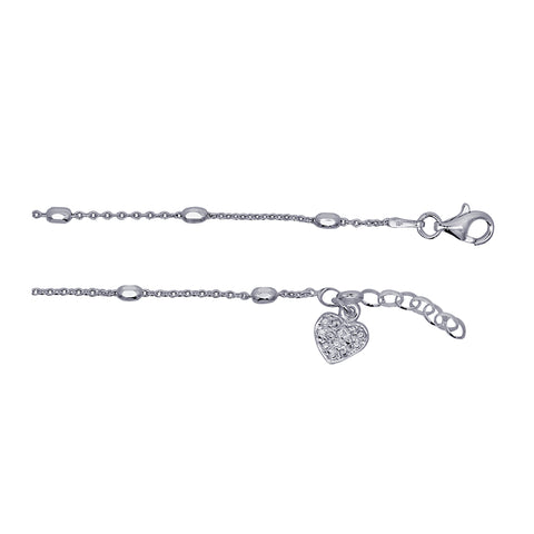 Sterling Silver Cable Chain Anklet With Beads & Cubic Zirconia Hanging Heart - alternate view