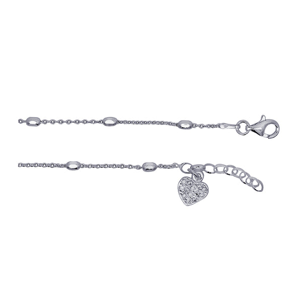 Sterling Silver Cable Chain Anklet With Beads & Cubic Zirconia Hanging Heart - alternate view
