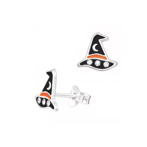 Sterling Silver Black Enamel Witches Hat Stud Earrings With Crystal - alternate view