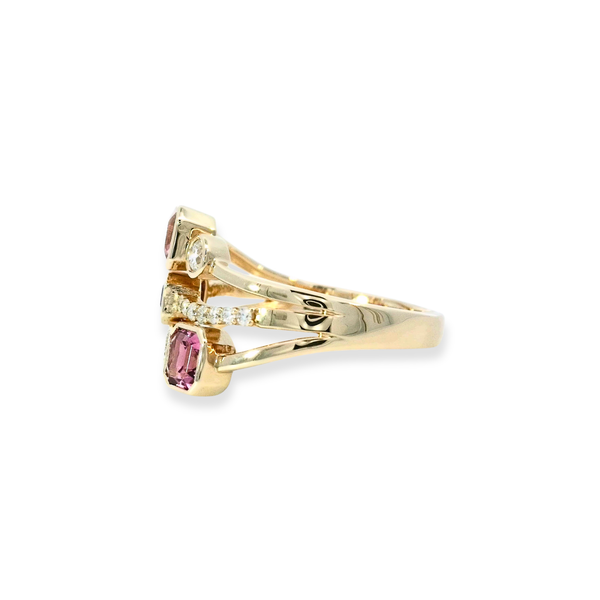 9ct Yellow Gold Rhodolite Garnet, Tourmaline And Diamond Dress Ring - alternate view