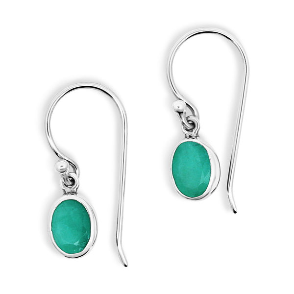 Sterling Silver Oval Emerald Bezel Set Drop Earrings - alternate view