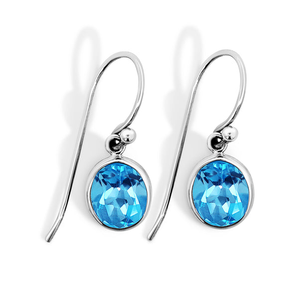Sterling Silver Oval Blue Topaz Bezel Set Drop Earrings - alternate view