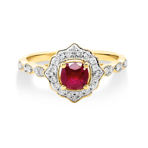 9ct Yellow Gold Art Deco Ruby & Diamond Ring - alternate view