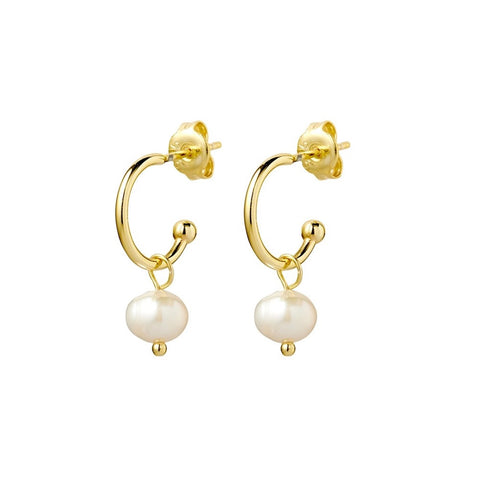 Yellow Gold Plated Hoops With Pearl Charm - alternate view