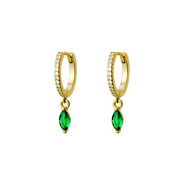 Yellow Gold Plated Cubic Zirconnia Huggies With Marquise Shape Emerald Drop - alternate view