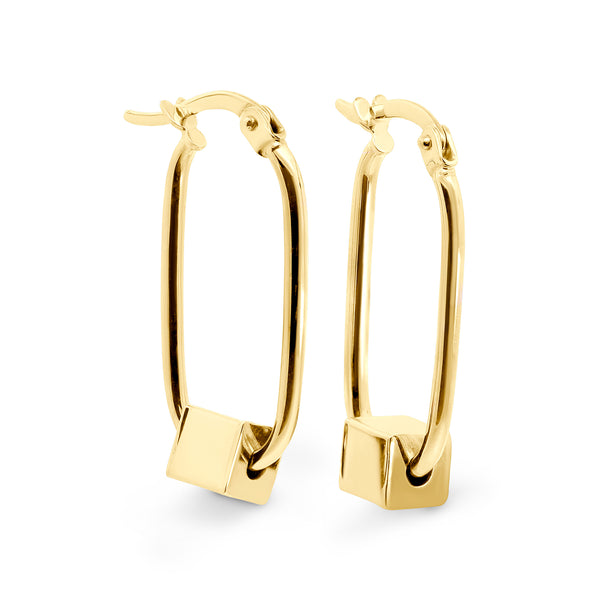9ct Yellow Gold Oval Hoop Earrings With Square Charm - alternate view
