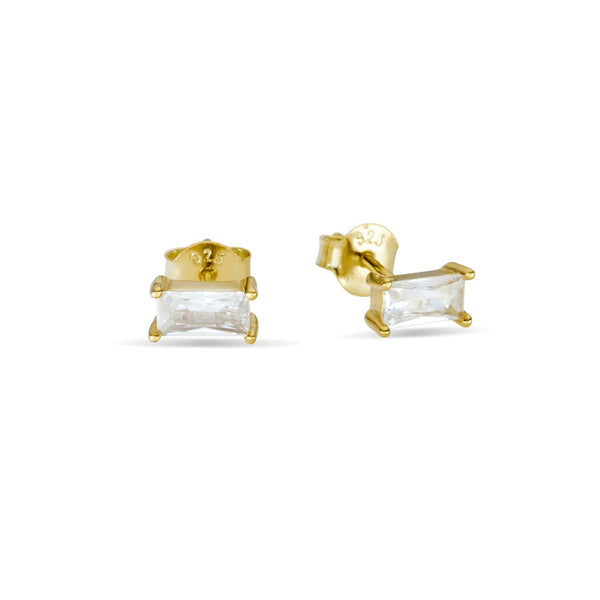Yellow Gold Plated Emerald Cut CZ Stud Earrings - alternate view