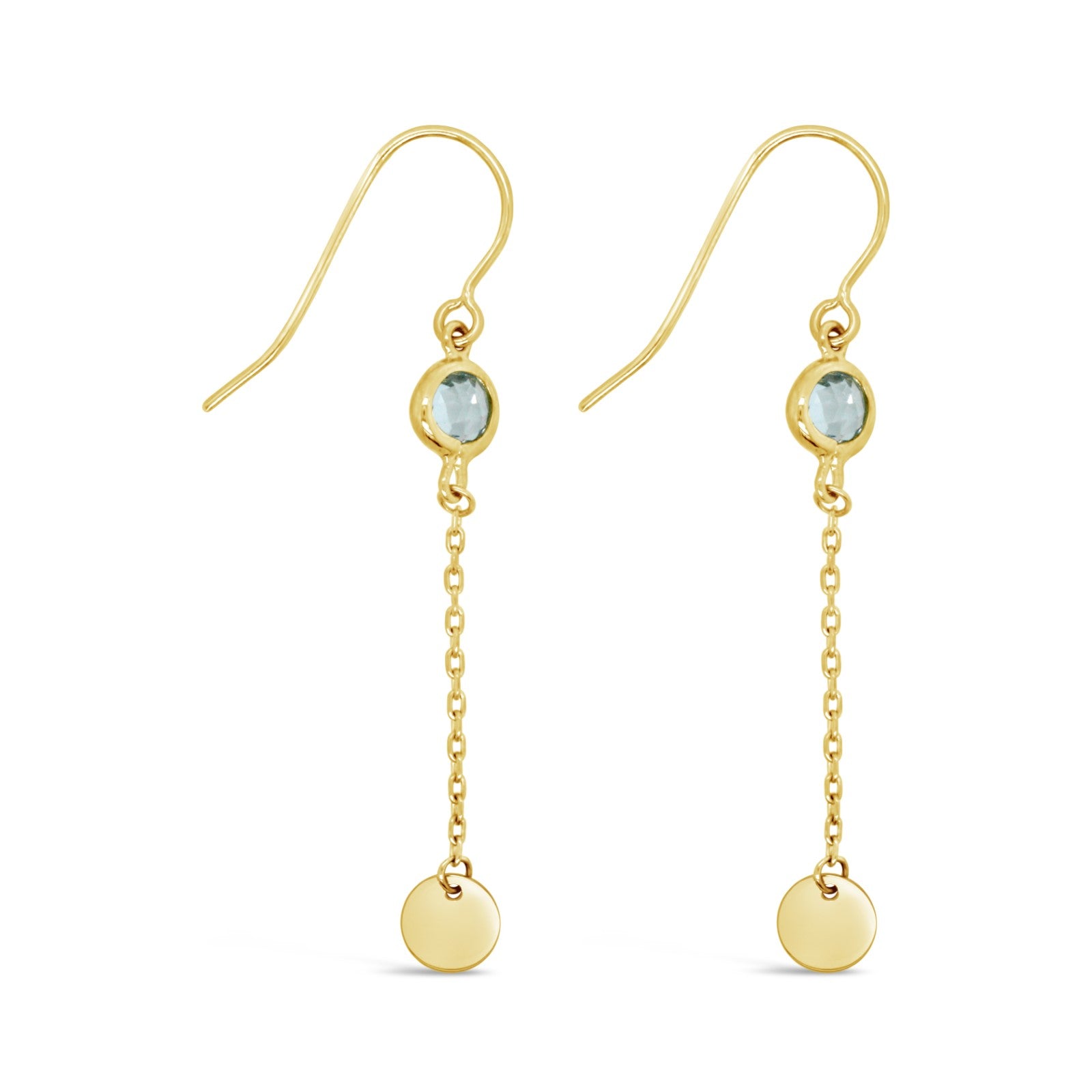 9ct Yellow Gold Drop Earrings With Blue Cubic Zirconia & Polished Disc