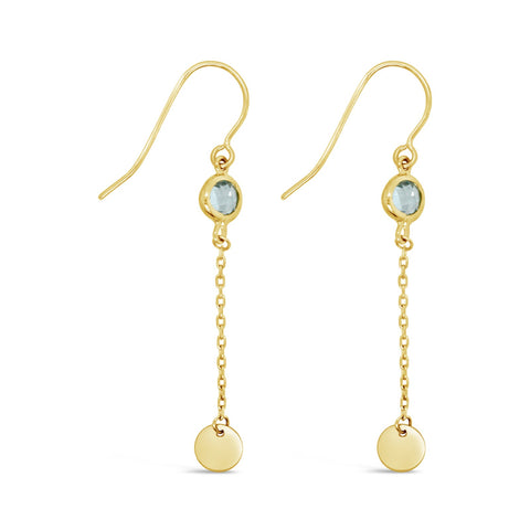9ct Yellow Gold Drop Earrings With Blue Cubic Zirconia & Polished Disc