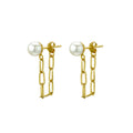 Yellow Gold Plated Pearl Stud Earrings With Open Link Chain