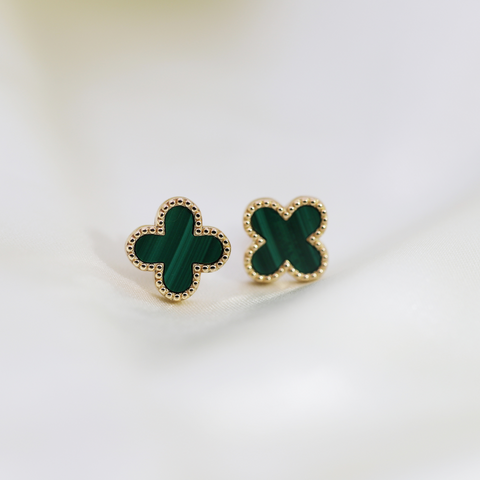 9ct Yellow Gold Malachite Four Leaf Clover Earrings - alternate view