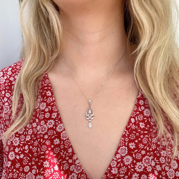 9ct White Gold Scalloped Teardrop Diamond Pendant On Fine Chain - alternate view