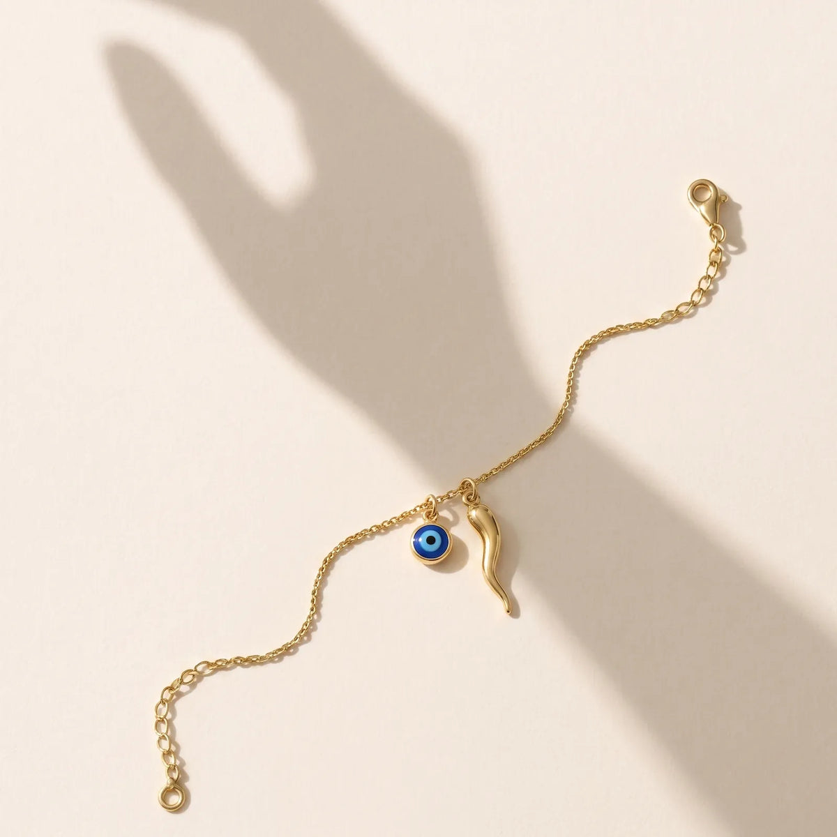 9ct Yellow Gold Bracelet With Evil Eye & Horn Of Plenty Charm